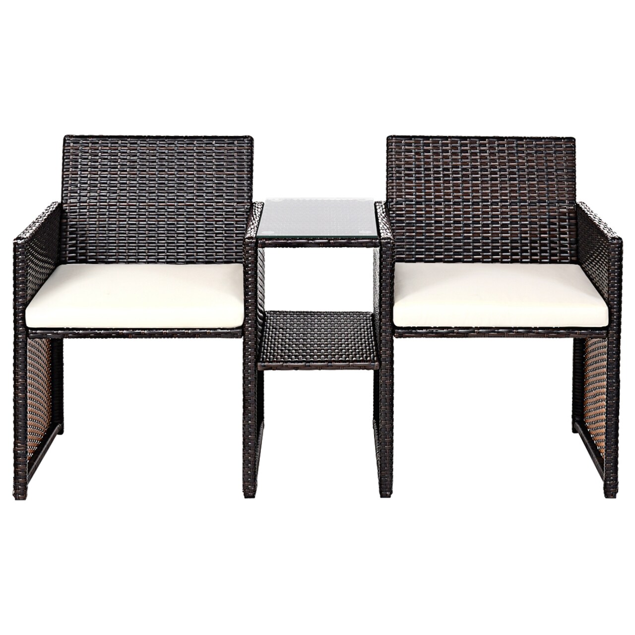 Brown Rattan Two-Seat Chair with White Cushions and Built-In Table